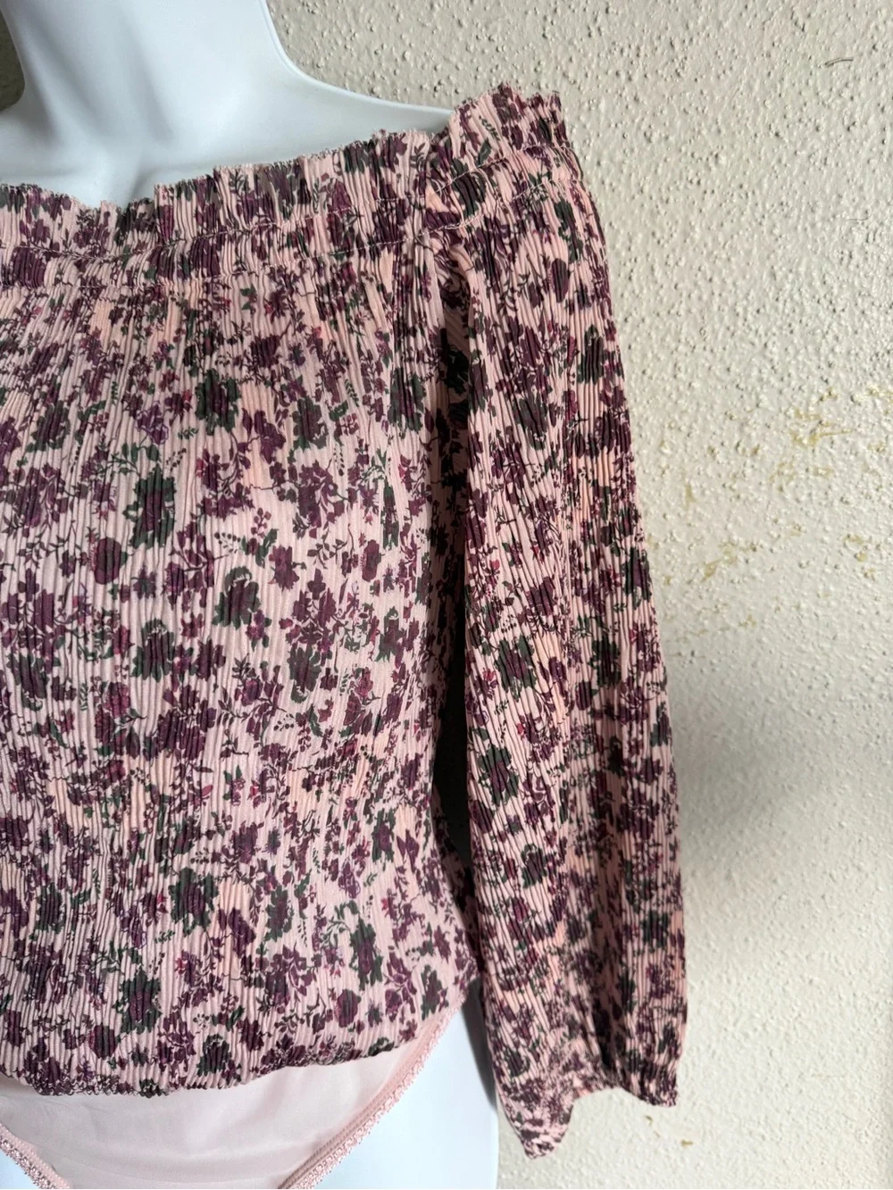 Free People Dusty Pink Floral Off-Shoulder Smocked Bodysuit